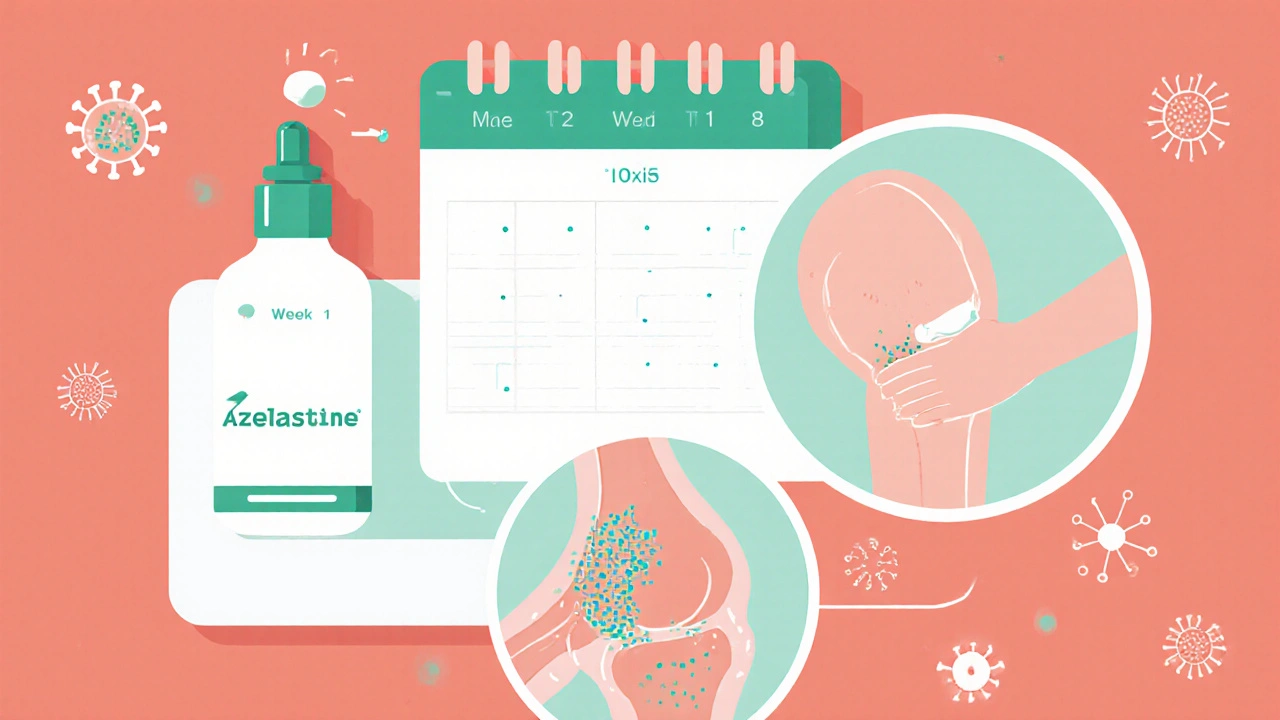 Azelastine spray turning into cream applied to knee, showing reduced joint inflammation over time.
