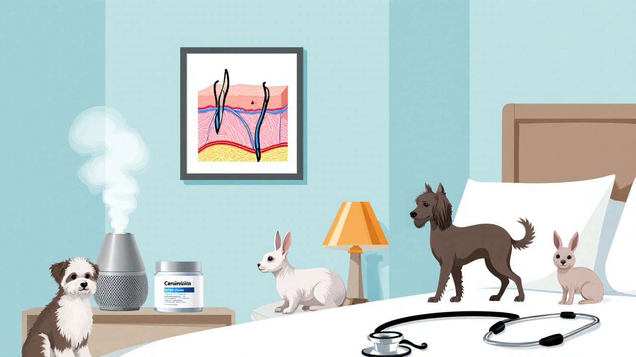 Bedroom corner showing low‑allergen pets, humidifier, moisturizer, and a dermatologist symbol.
