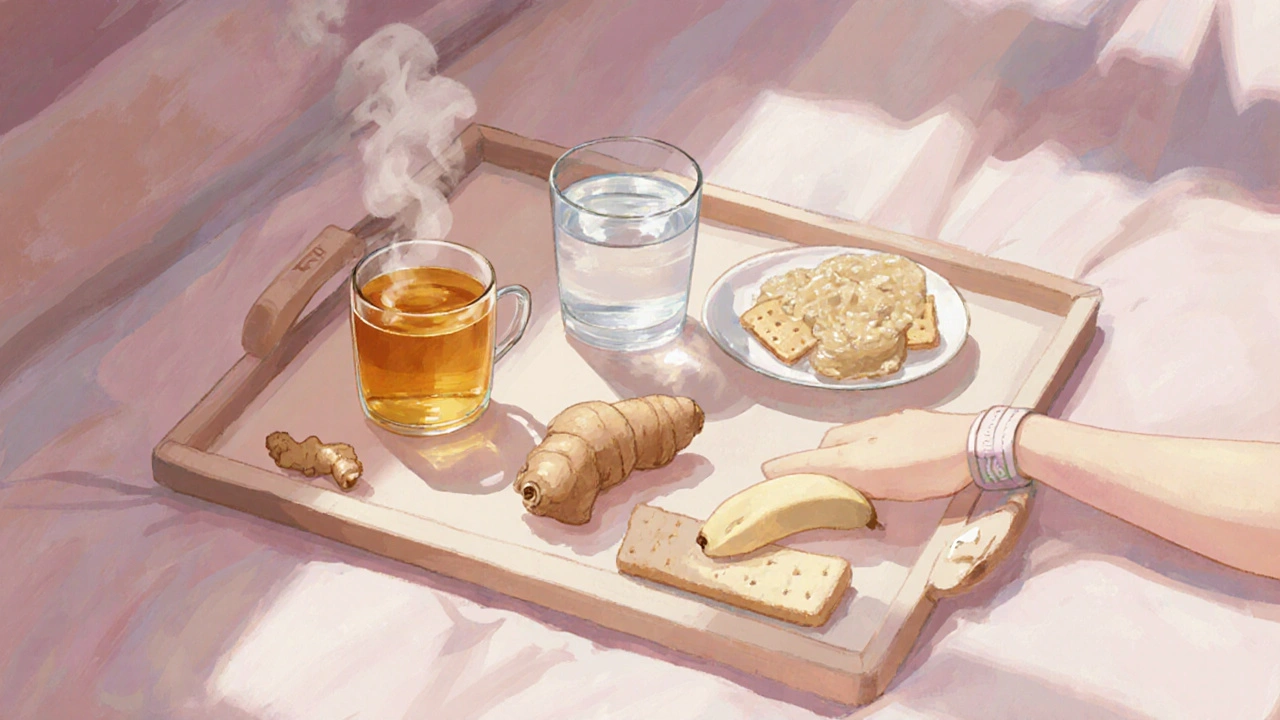 Bedside tray with ginger tea, water, wristband, and bland snacks.