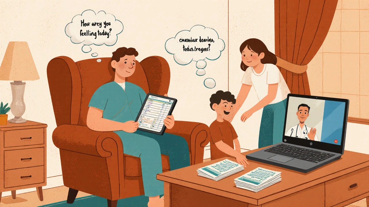 Caregiver and patient reviewing labs on tablet during a telehealth call, with supportive sibling.