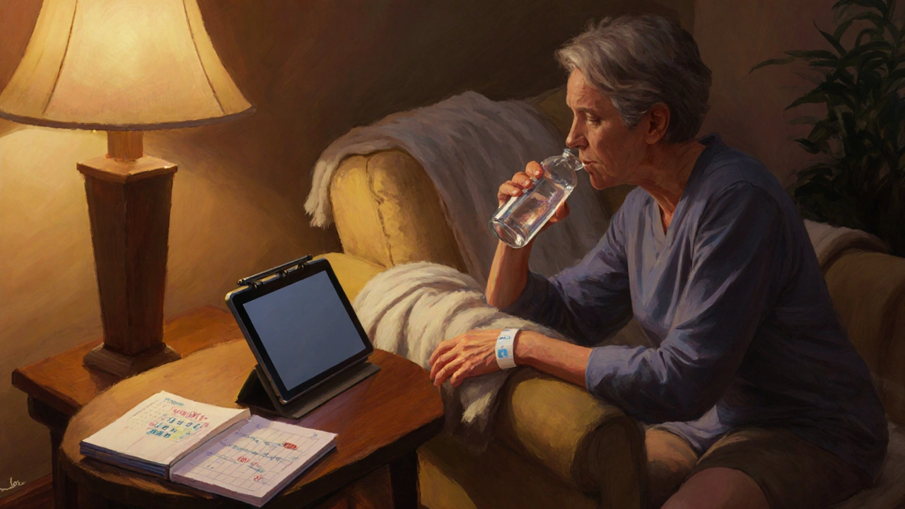 Caregiver preparing a calm space with water, journal, and medication reminders.