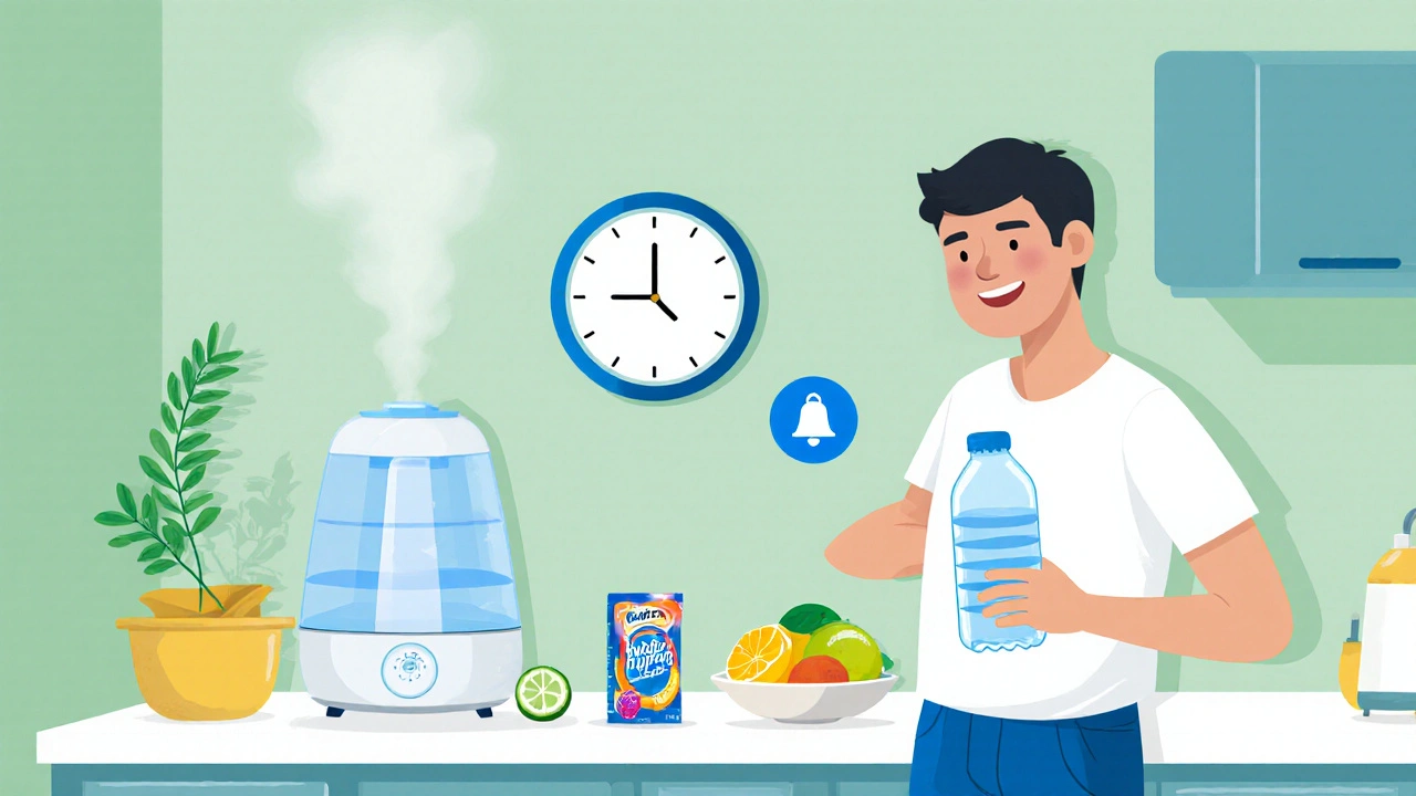 Cartoon of a person using water bottle, humidifier, and gum to stay hydrated.
