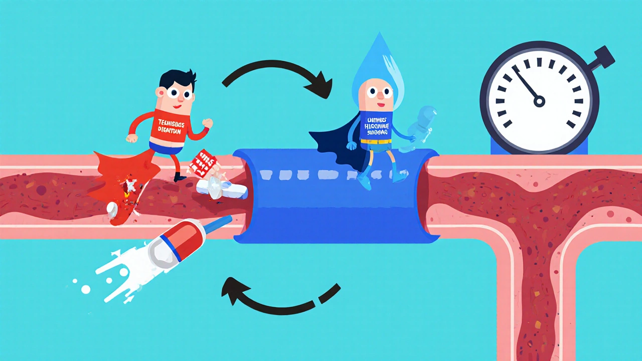 Cartoon showing Telmisartan and Hydrochlorothiazide pills expanding a blue artery.