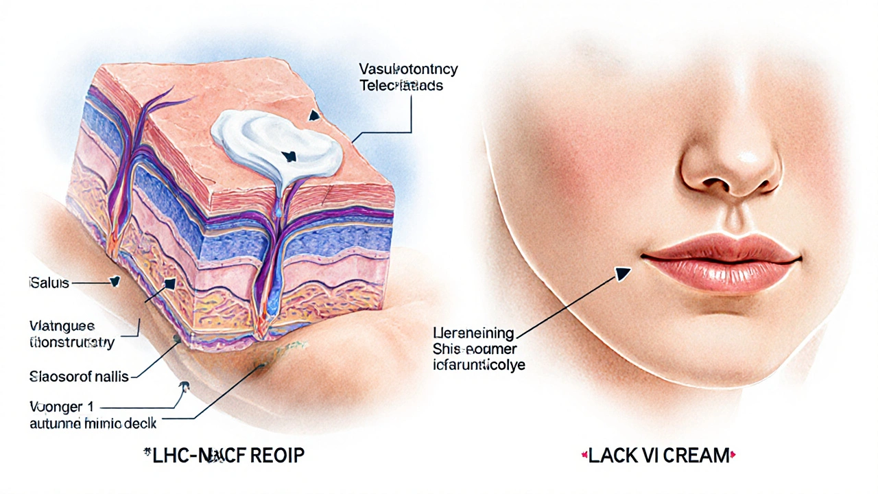 Cross‑section of skin showing cream effects: high‑potency on palm causing thinning, low‑potency on face preserving thickness.