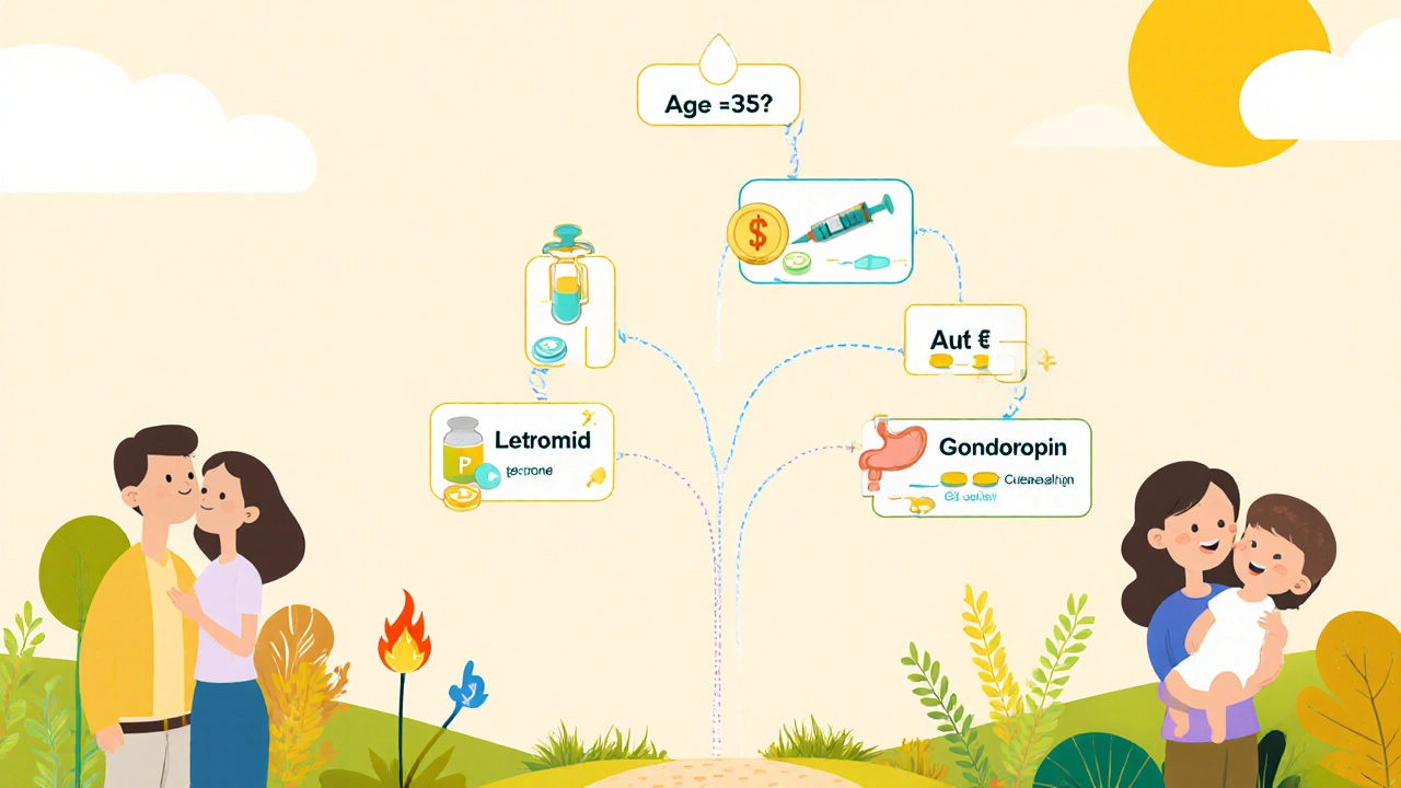 Decision tree garden path showing medication choices leading to a happy family.