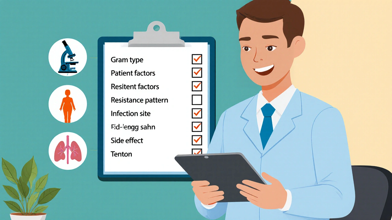 Doctor checks a five‑point antibiotic decision list on a tablet.