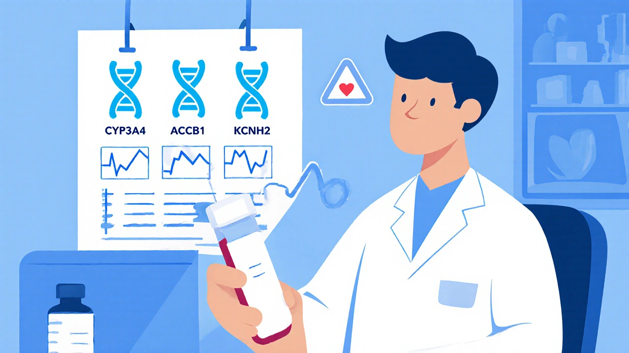 Doctor holding a genetic test next to a chart with glowing heart-related gene icons.
