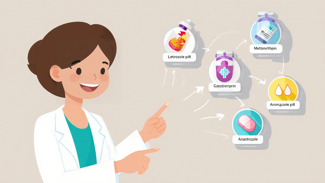 Doctor pointing to floating icons of Fertomid alternatives and their mechanisms.