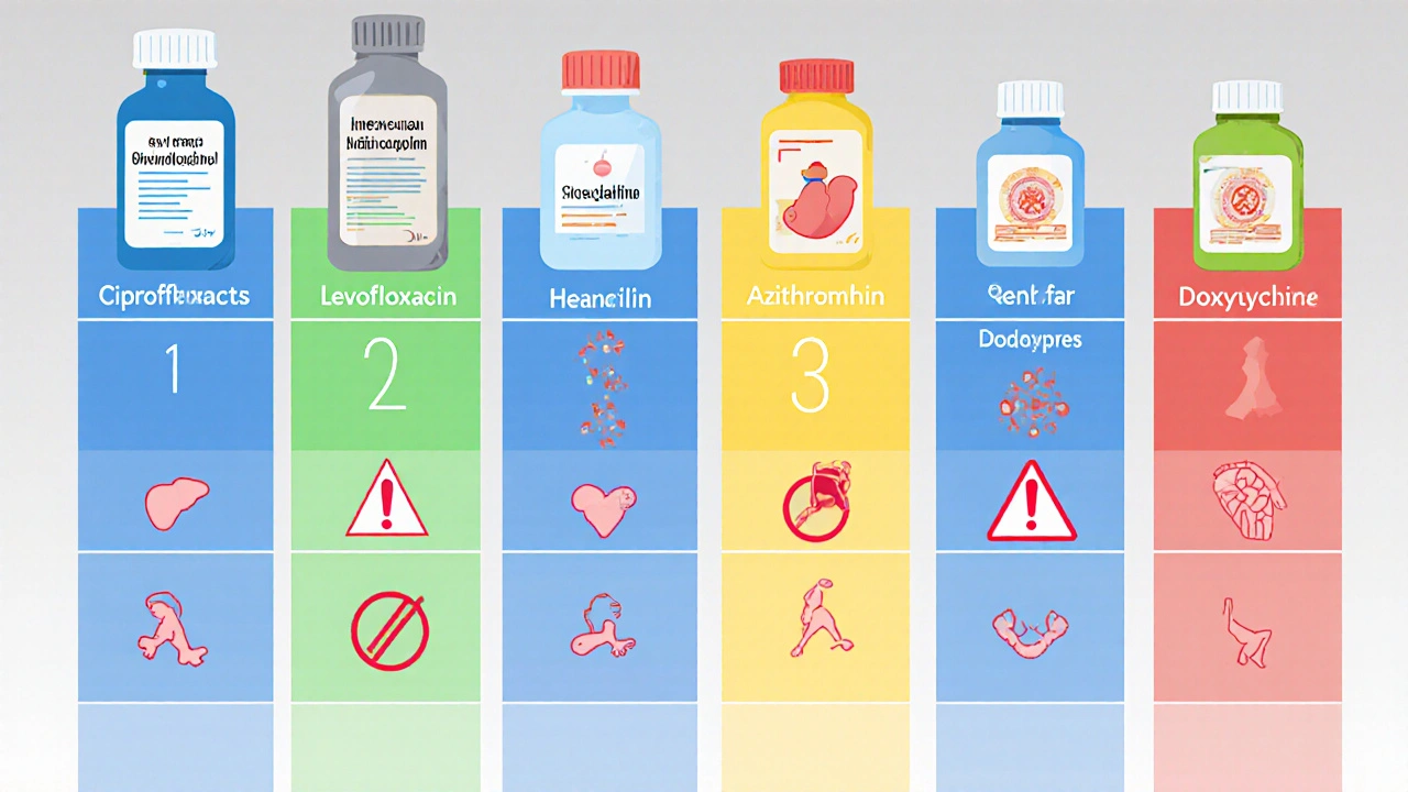 Flat cartoon chart comparing side effects of six antibiotics with icons.