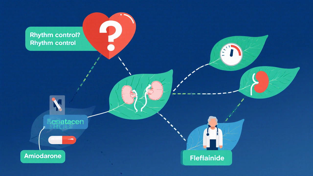 Flat cartoon decision tree guiding drug choice with heart, kidney, and age icons leading to medication symbols.