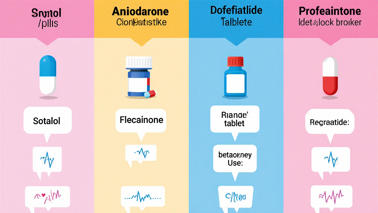 Flat cartoon icons of six anti‑arrhythmic drugs with pros, cons, and best‑use callouts.