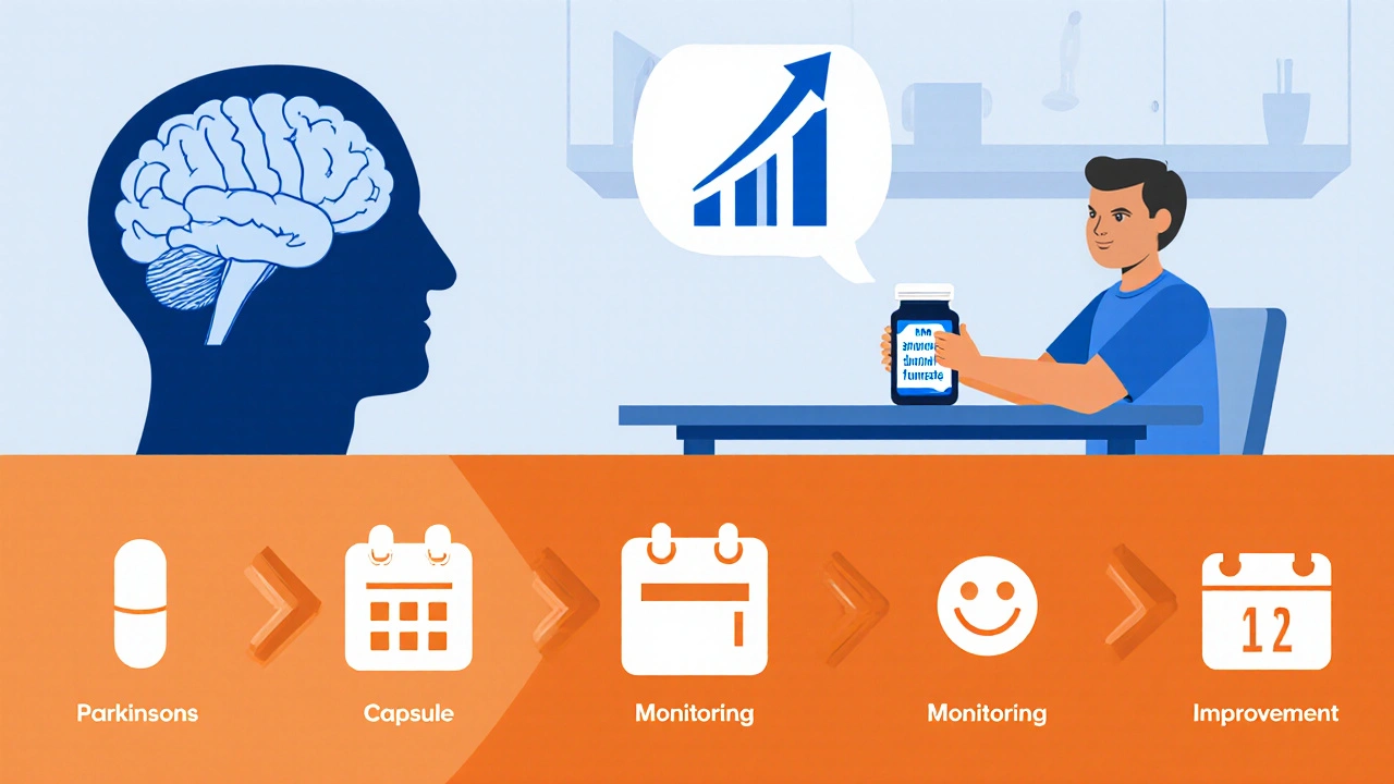 Flat cartoon of a Parkinson's patient taking DMF with MRI showing slowed disease progression.