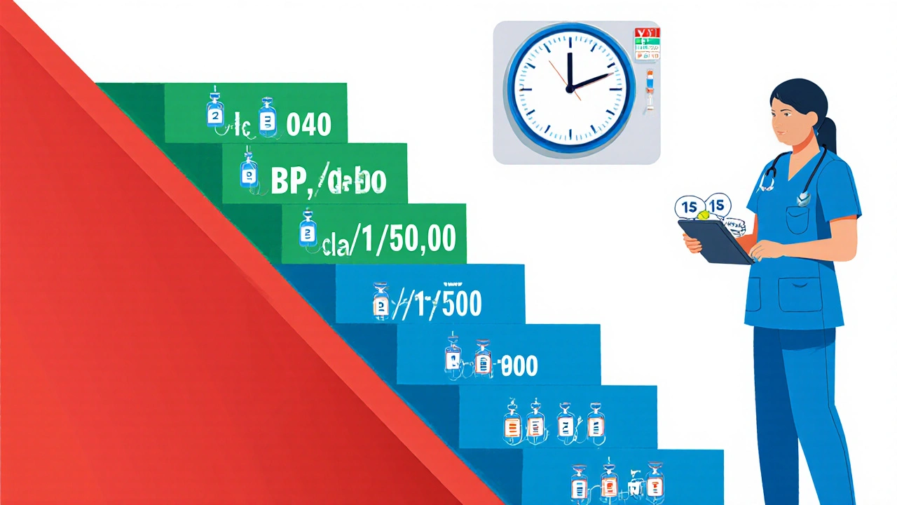 Flat design staircase showing 12 dose steps of rapid desensitization with nurse monitoring vitals.