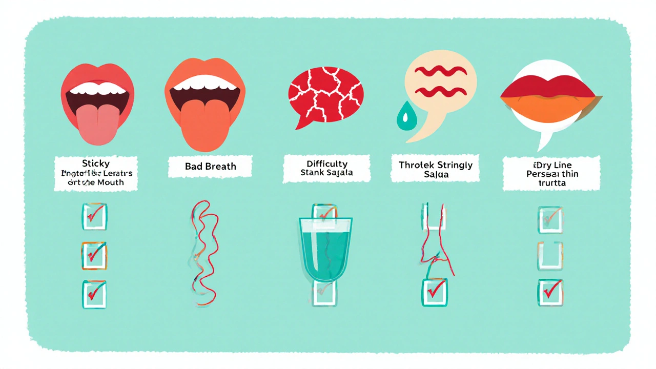 Flat icons showing common dry mouth symptoms like sticky tongue and cracked lips.