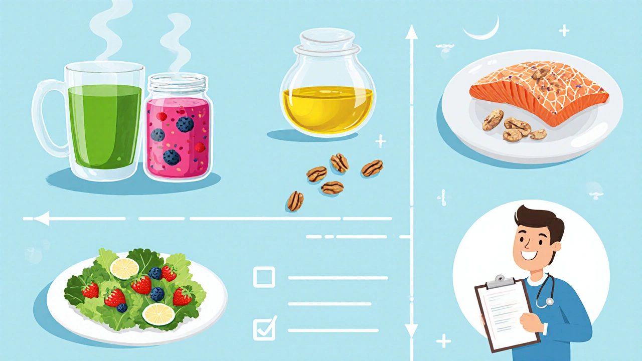 Flat illustration of daily checklist: tea, smoothie, olive oil, nuts, fish, exercise, doctor.