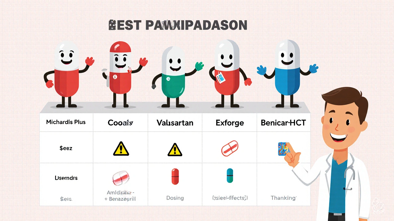 Flat illustration of five pill mascots comparing cost, dosing, and side effects.