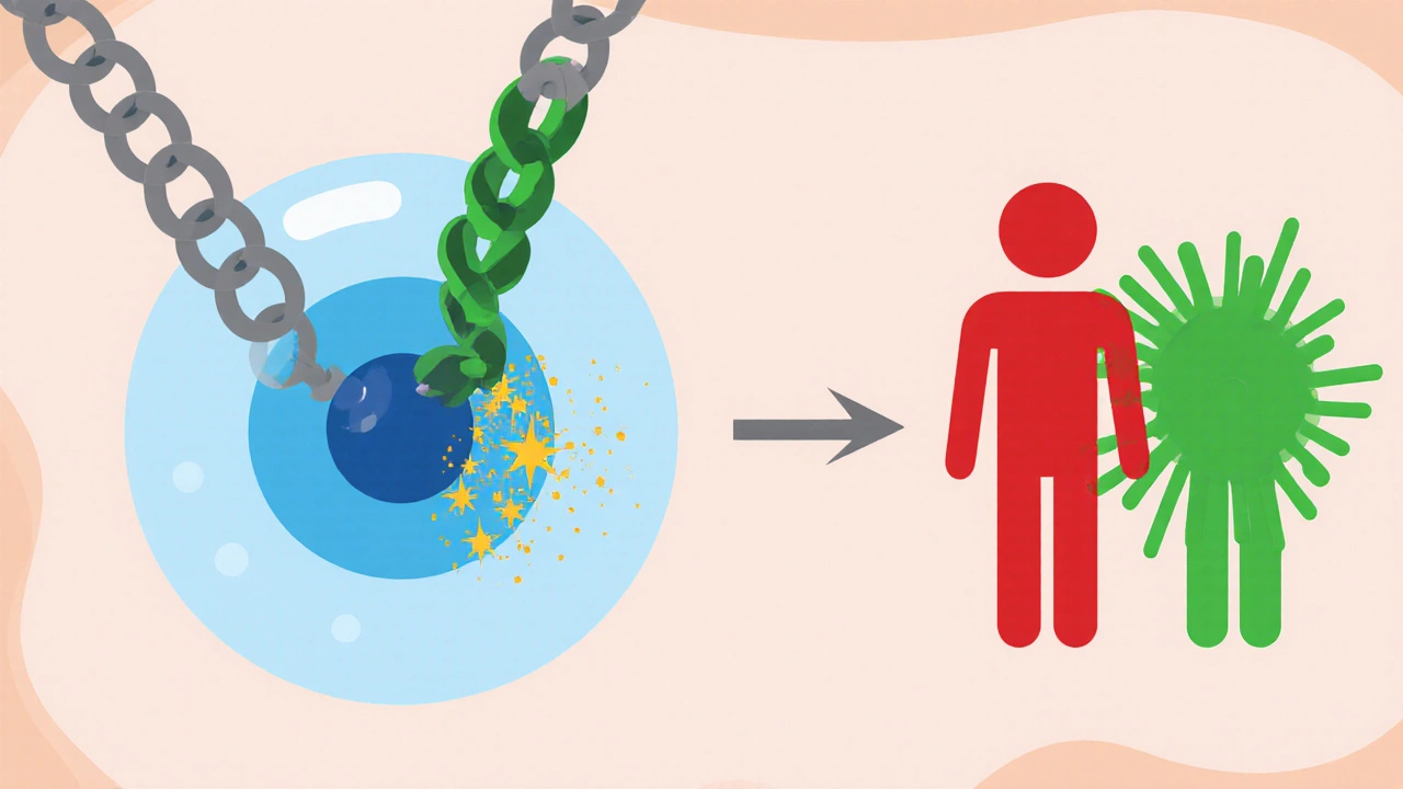 Flat illustration of Nrf2 escaping KEAP1 and microglia changing from red to green.