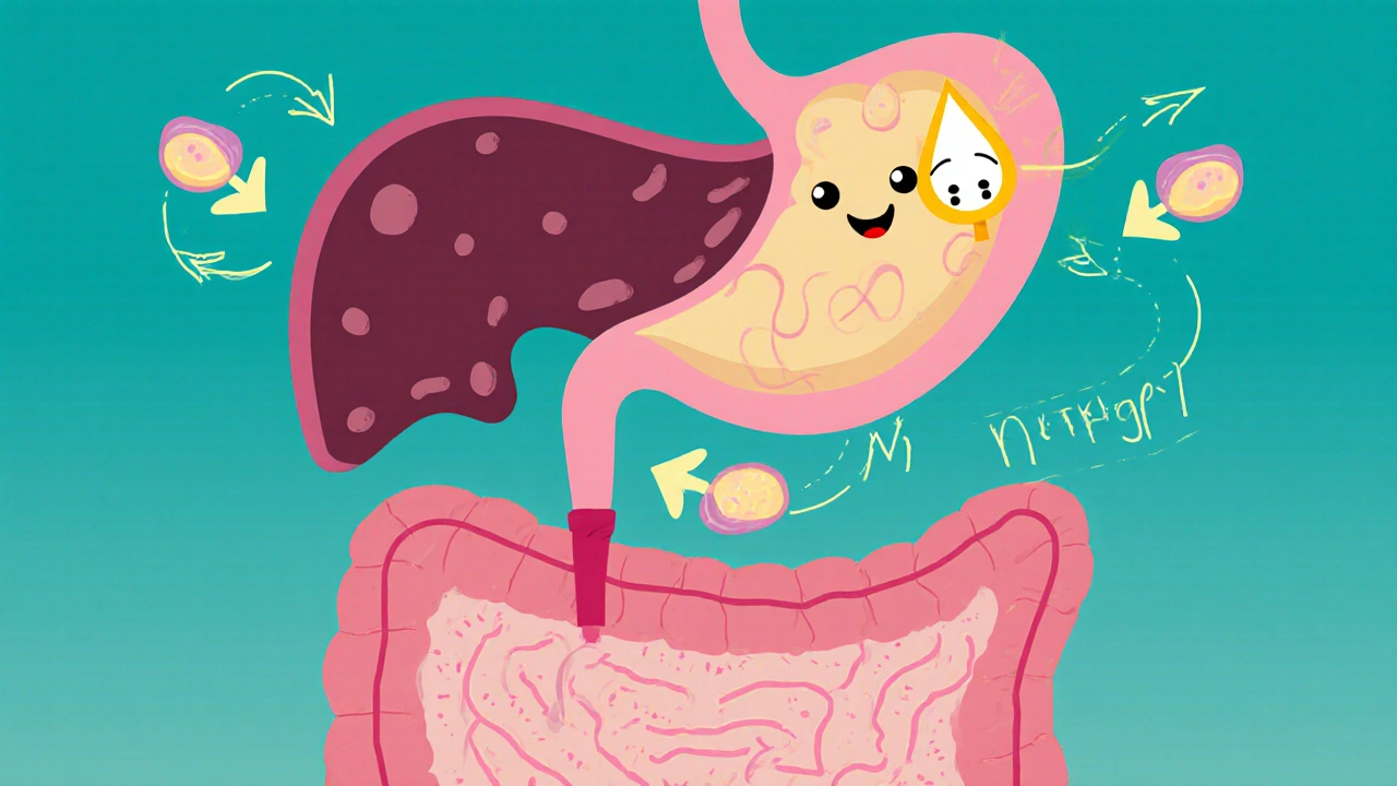 Flat illustration of pancreas beta cells releasing insulin after GLP‑1 binding, with slowed stomach.