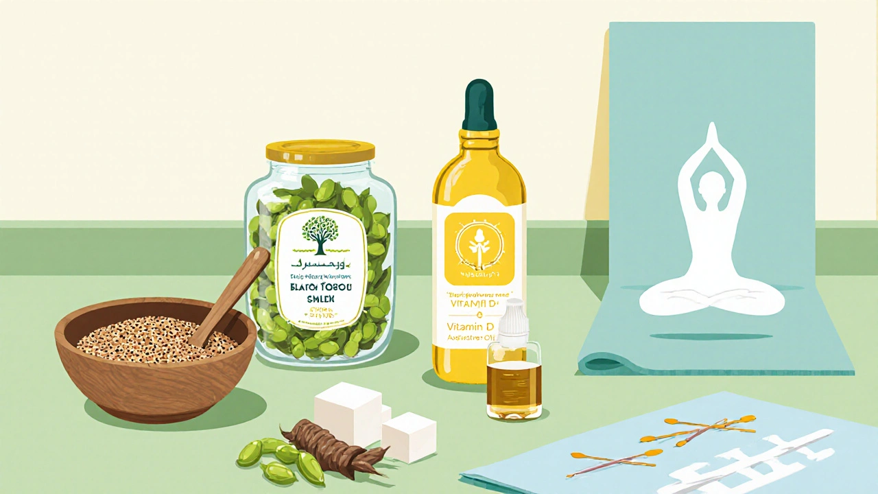 Flat illustration of soy, flaxseed, black cohosh, vitamin D, yoga mat, and acupuncture needles on a kitchen counter.