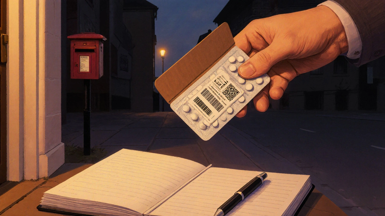 Hand opening a parcel revealing sealed blister pack and medication diary.