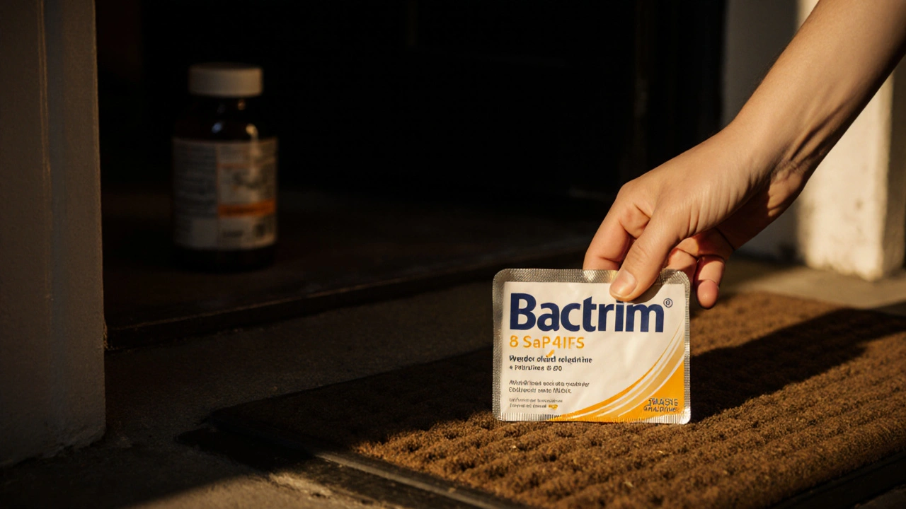 Hand picking up a genuine Bactrim package on a doorstep in warm morning light.