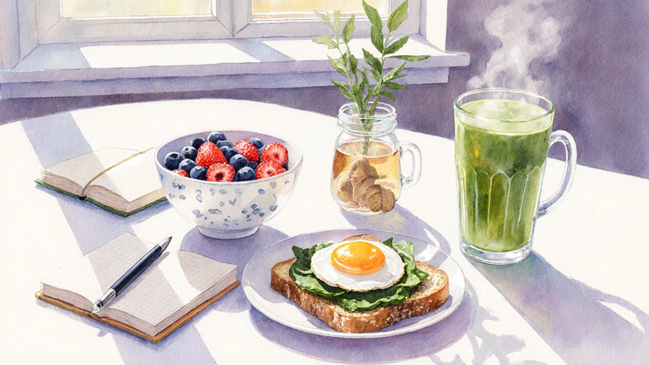 Healthy meals, journal, and tea on a sunlit kitchen table showing nutrition and mental care.