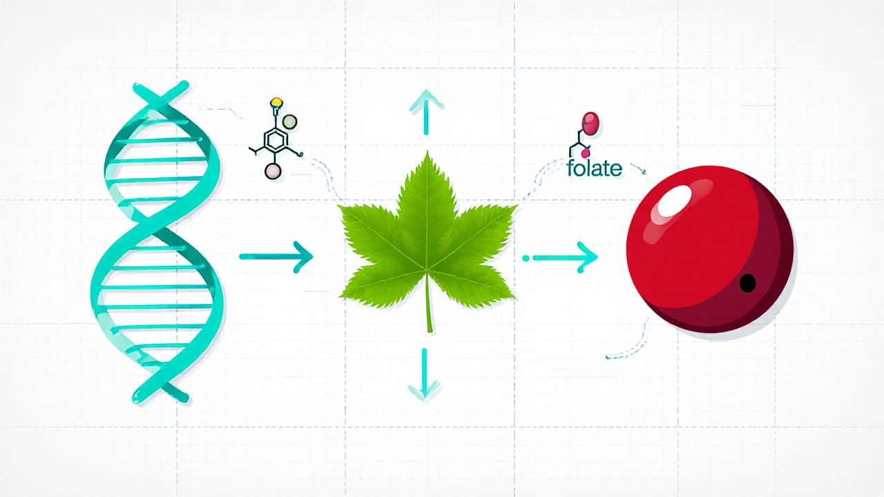 Illustration of leaf, DNA helix, and red blood cell showing folate&#039;s role.