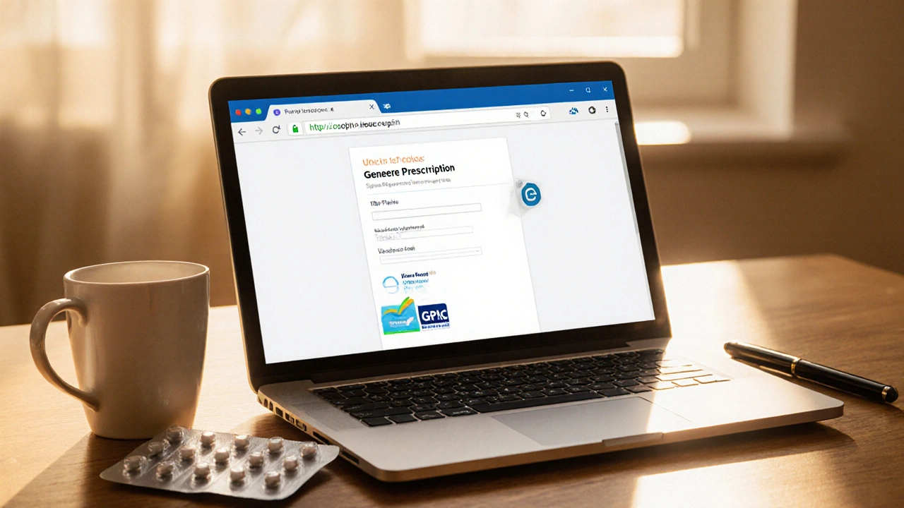 Laptop screen showing secure prescription upload beside a blister pack of pills.