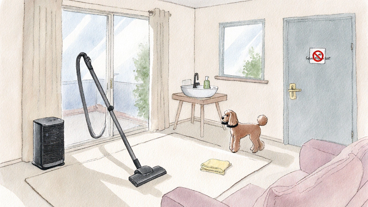 Living room scene with vacuum, air purifier, pet grooming outside, and hand‑washing sink.