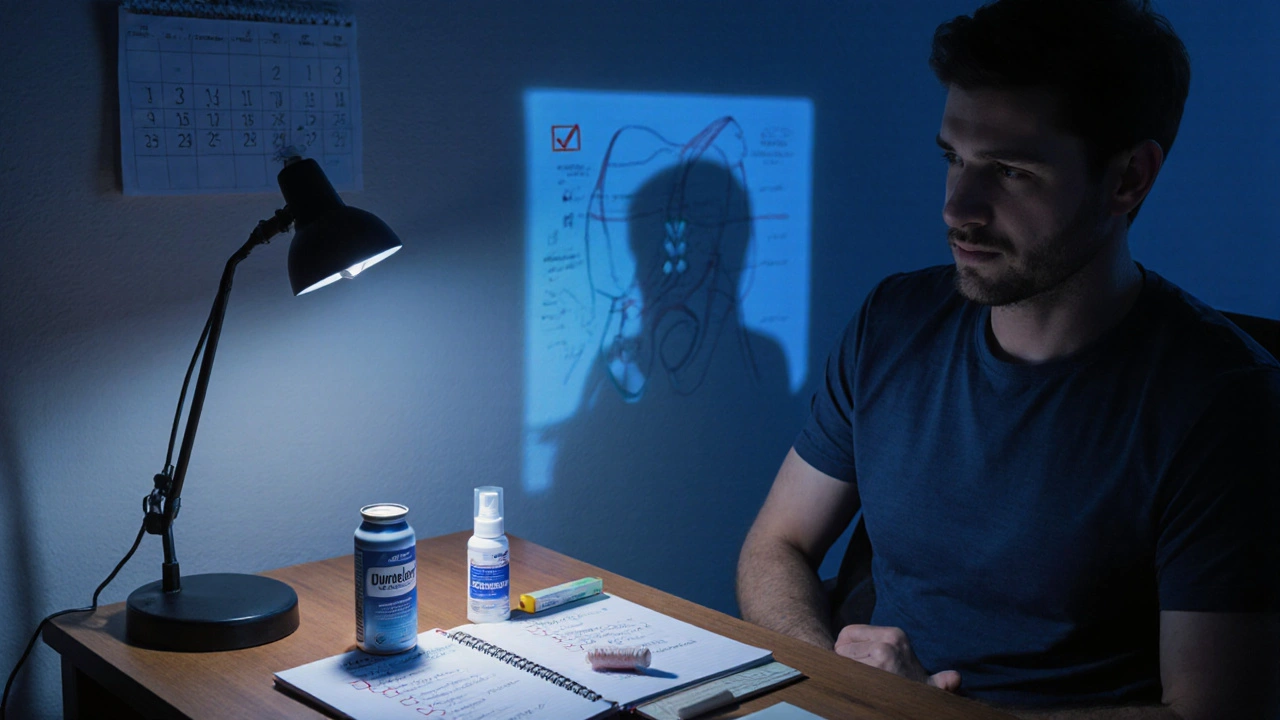 Man at desk with medication bottles, spray, condom, and pelvic floor diagram, reflecting decision making.