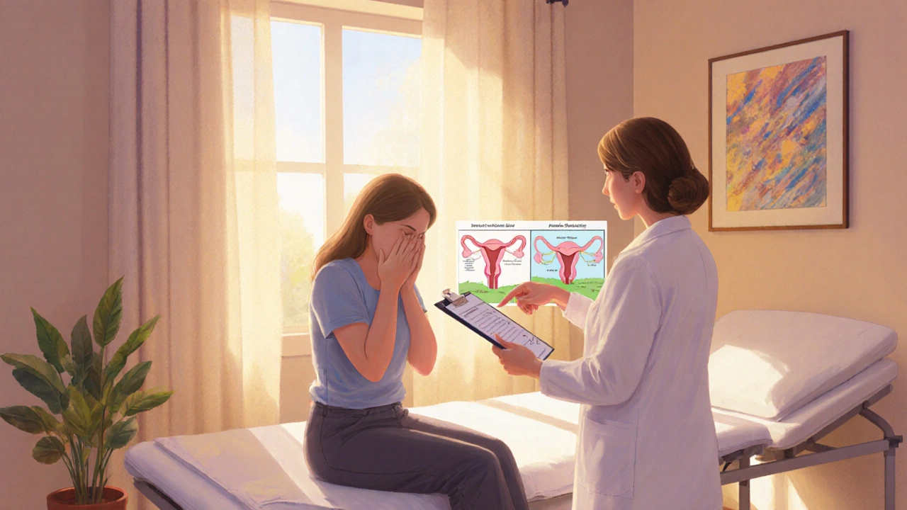 Pastel illustration of a doctor comforting a patient in a warm exam room.