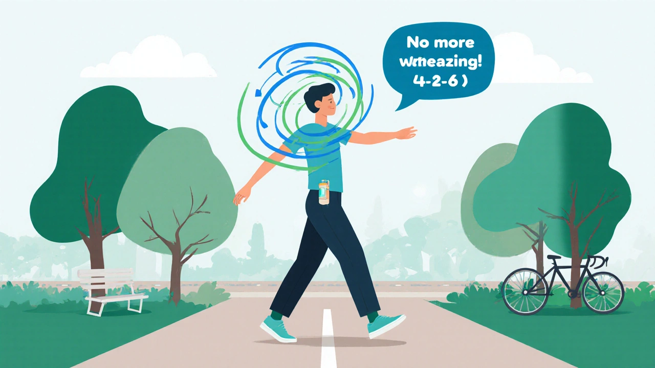 Person doing warm-up with breathing waves and inhaler on waistband