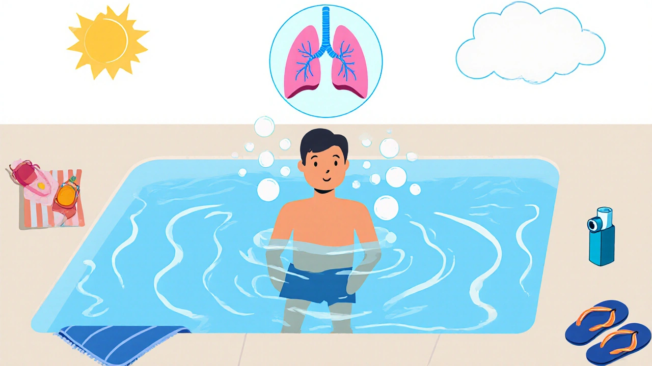Person swimming with open lung icon above them and inhaler on poolside