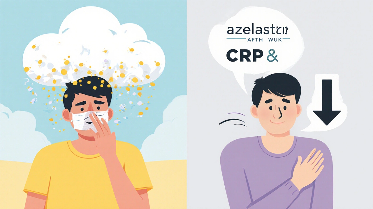 Person with allergies on left, feeling better on right after azelastine use, with falling CRP arrow.