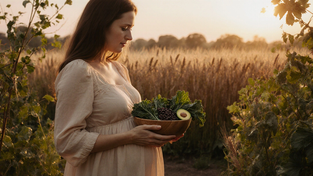 Pregnant woman in garden holding bowl of leafy greens, radiating healthy glow.