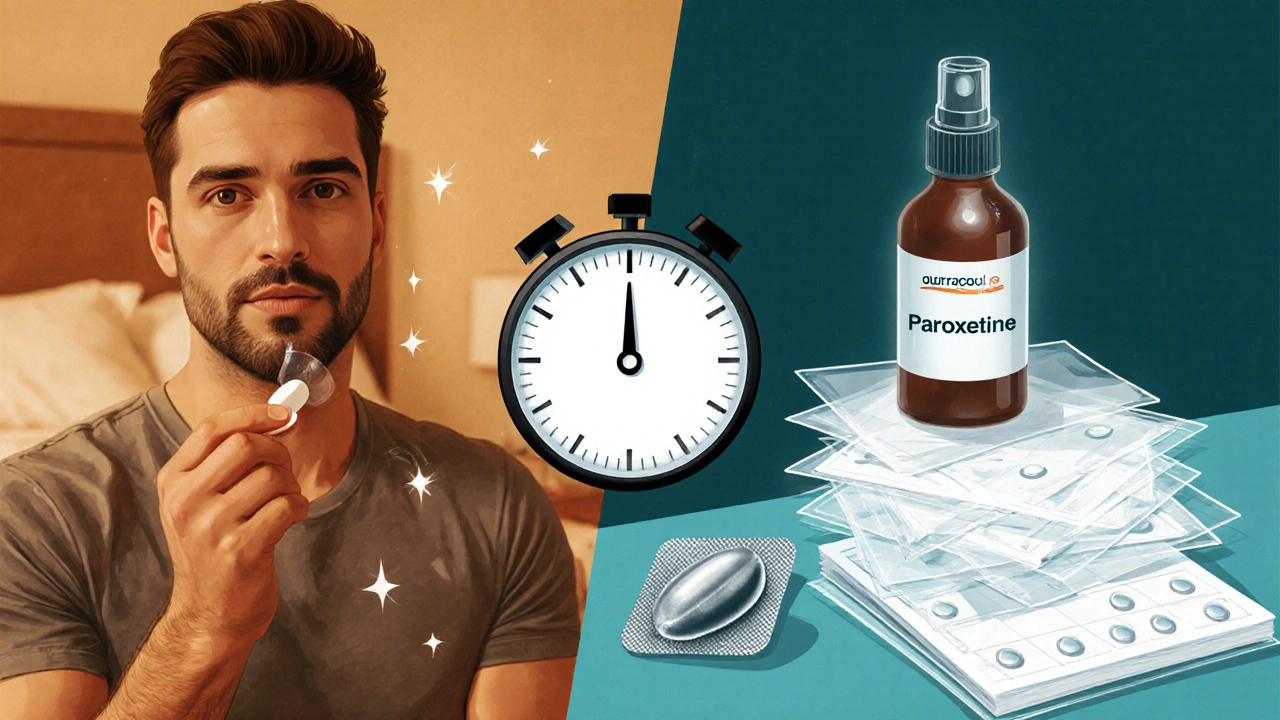 Split scene showing Duralast tablet with stopwatch and daily paroxetine bottle with calendar, plus lidocaine spray and condom.