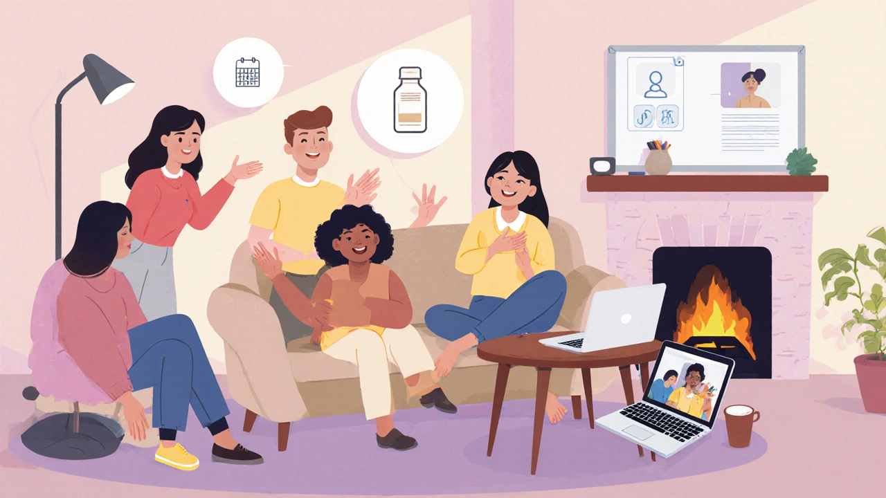 Supportive group gathered around a couch with a patient, laptop showing virtual support chat.