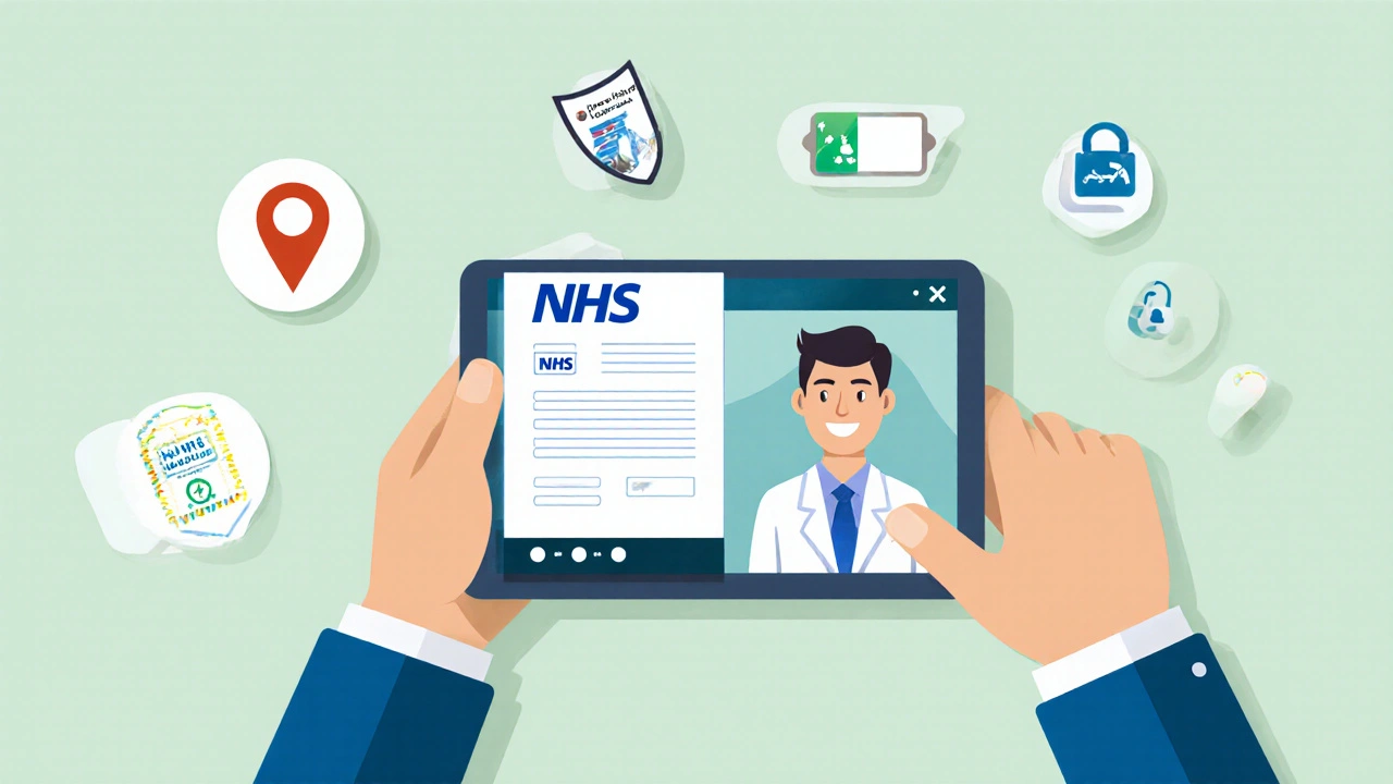 Tablet showing digital prescription and doctor video, surrounded by safety checklist icons.