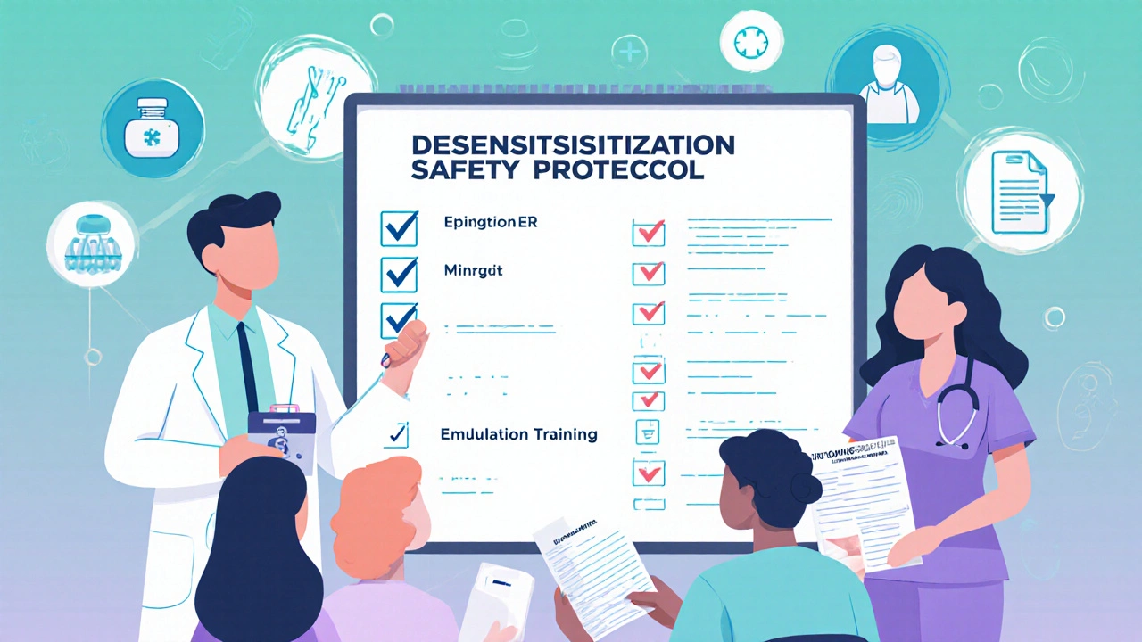 Team gathered around safety checklist with icons for pharmacy, EMR, and biomarker testing.