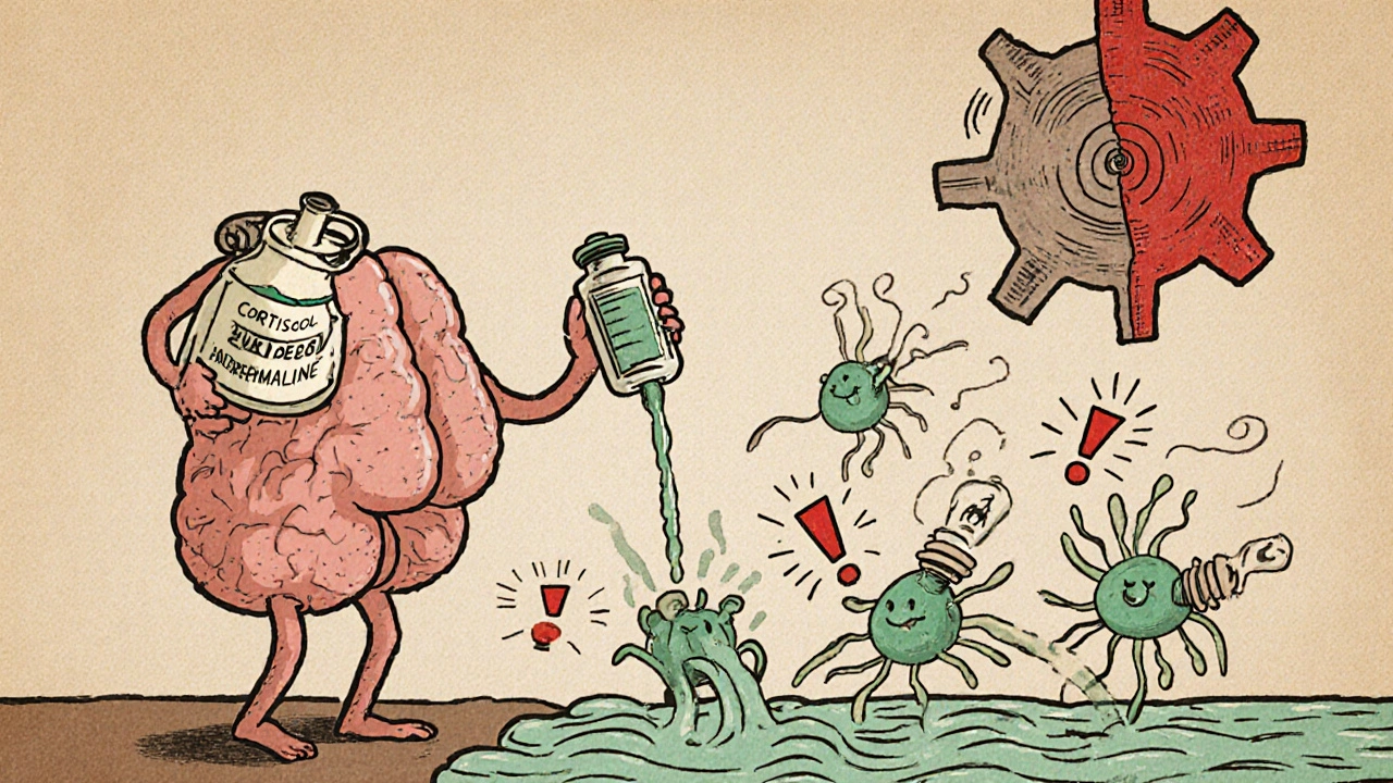 Vintage cartoon diagram of hypothalamus releasing hormones causing hyper‑excitable neurons.