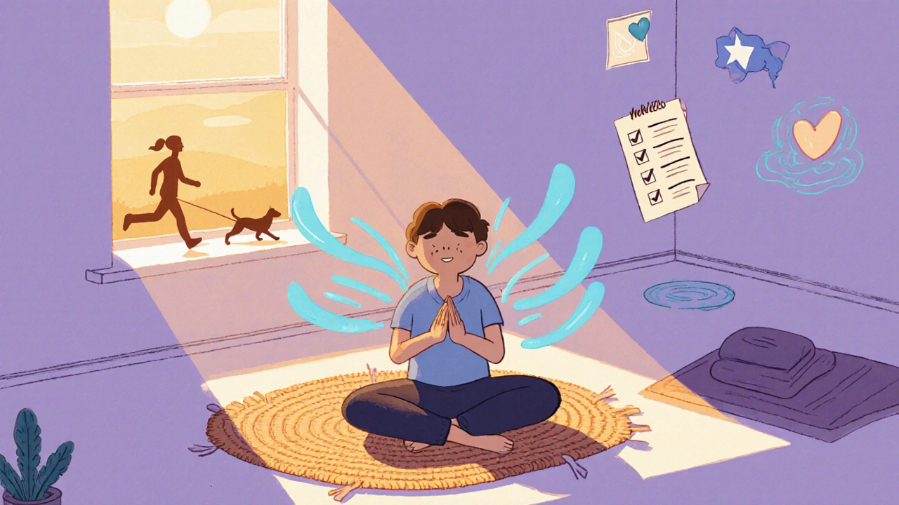 Vintage cartoon of person practicing breathing, yoga, exercise, and sleep with checklist.