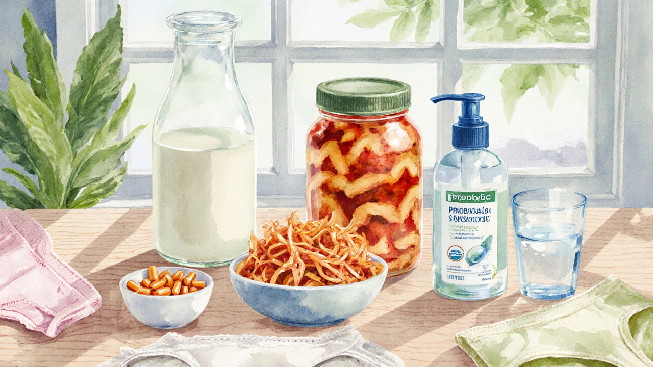 Watercolor flat lay of yogurt, kefir, kimchi, sauerkraut, probiotic pills, moisturizer, and cotton underwear.