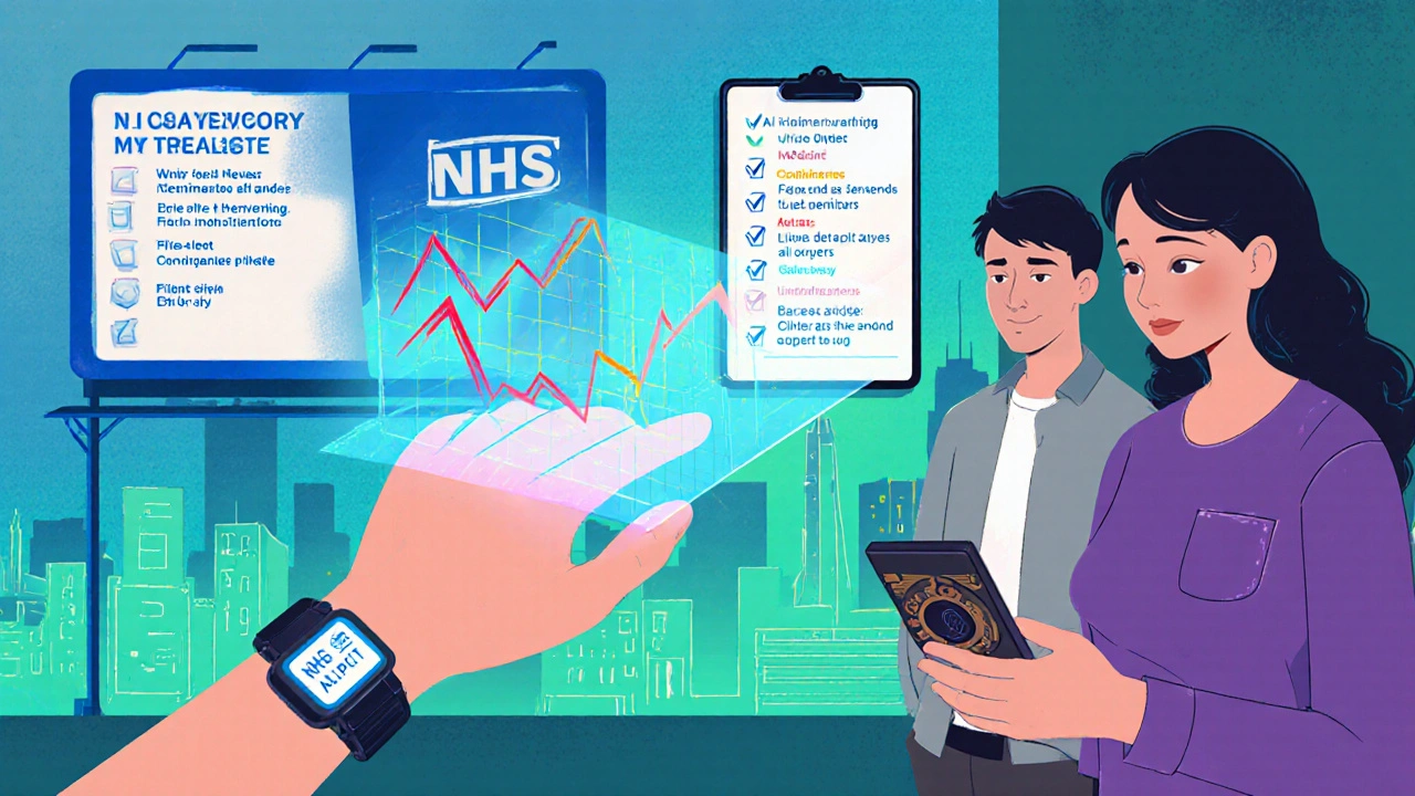 Wearable sensor alerts family to abnormal urine output; checklist on wall shows care steps.