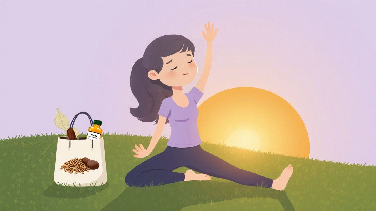 Woman doing yoga on a grassy hill at sunrise with nearby natural supplements, showing calmness.