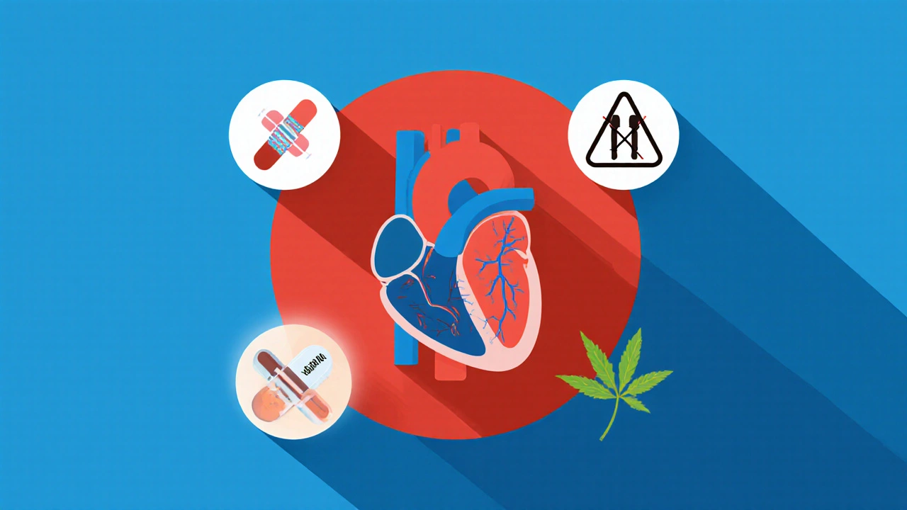 A heart with a mechanical valve and a warfarin pill beside it, with DOAC pills crossed out in red.
