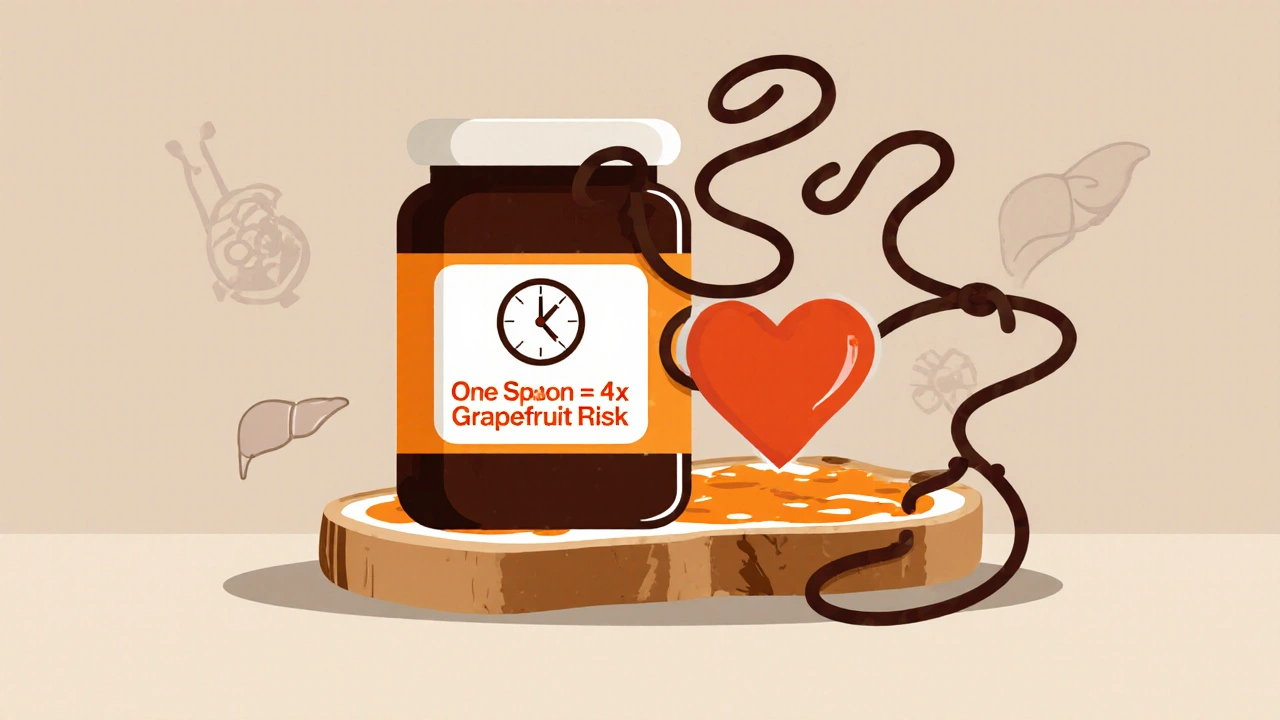 A jar of Seville orange marmalade on toast emits dark tendrils affecting a heart and liver, with a 72-hour clock.