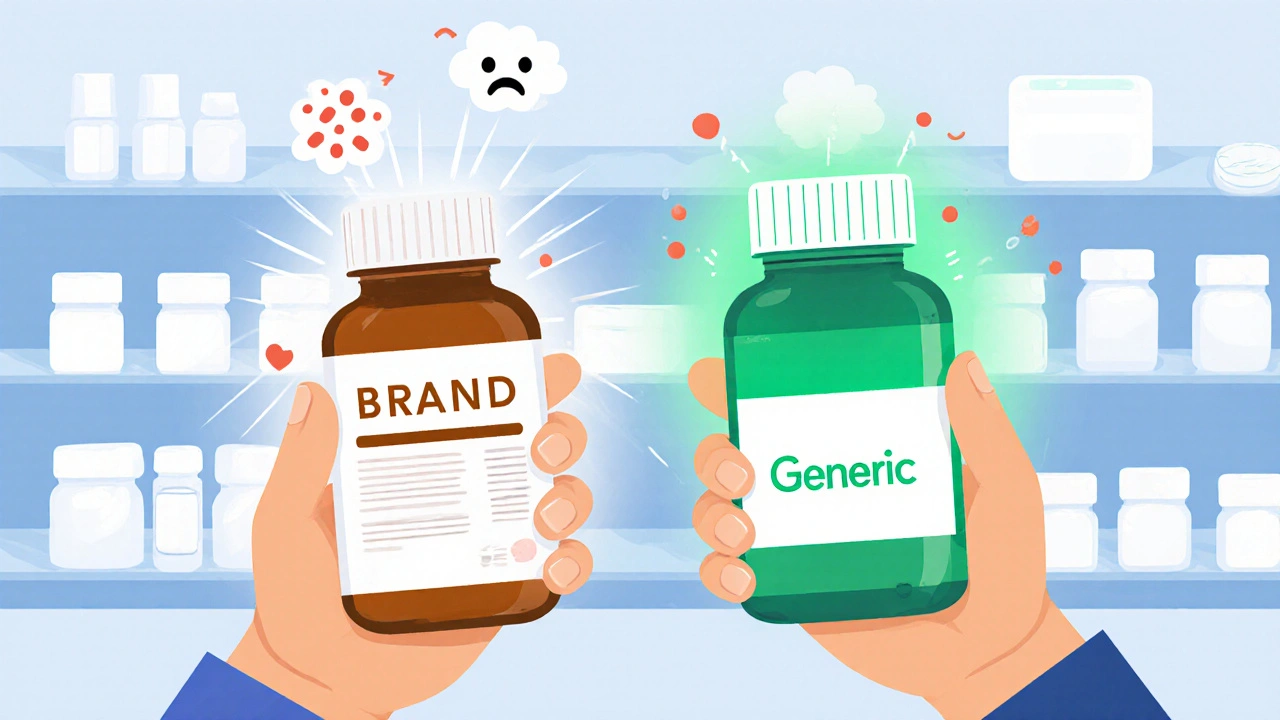 A patient holding two pill bottles, one calm and green, the other emitting symptoms like bloating and hives.