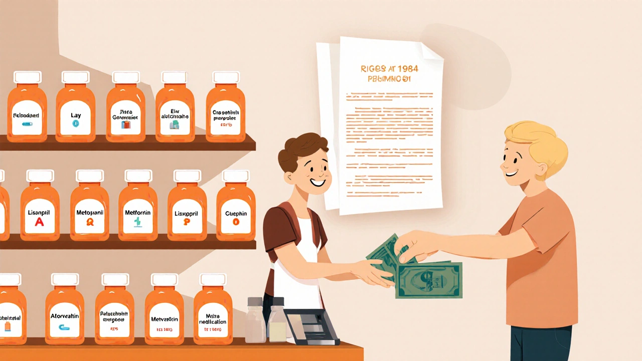 A pharmacy shelf filled with affordable generic medications and a smiling patient receiving their prescription.