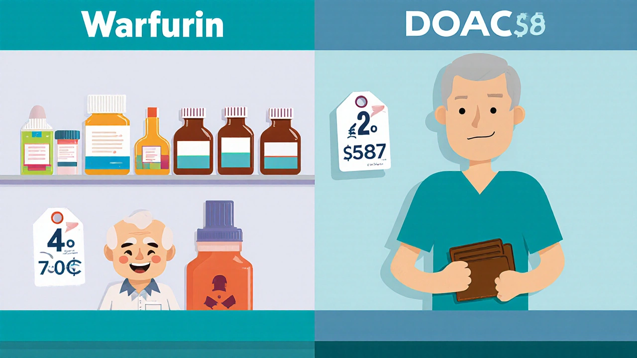 A pharmacy shelf showing warfarin at  next to DOACs at 7, with contrasting patient reactions.