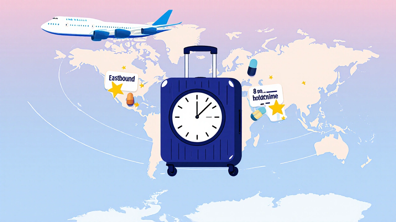 A traveler with floating melatonin capsules showing eastbound and westbound jet lag timing tips.